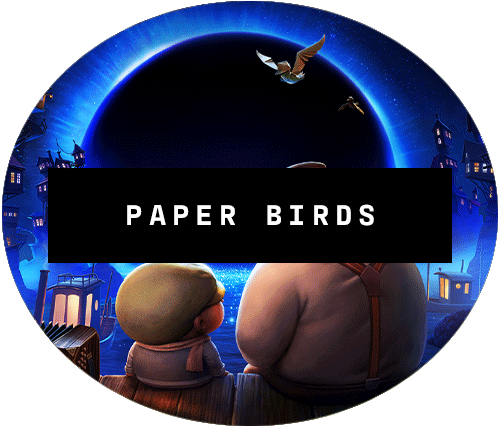 A still from the virtual reality experience Paper Birds, with an child and adult looking out over a city.
