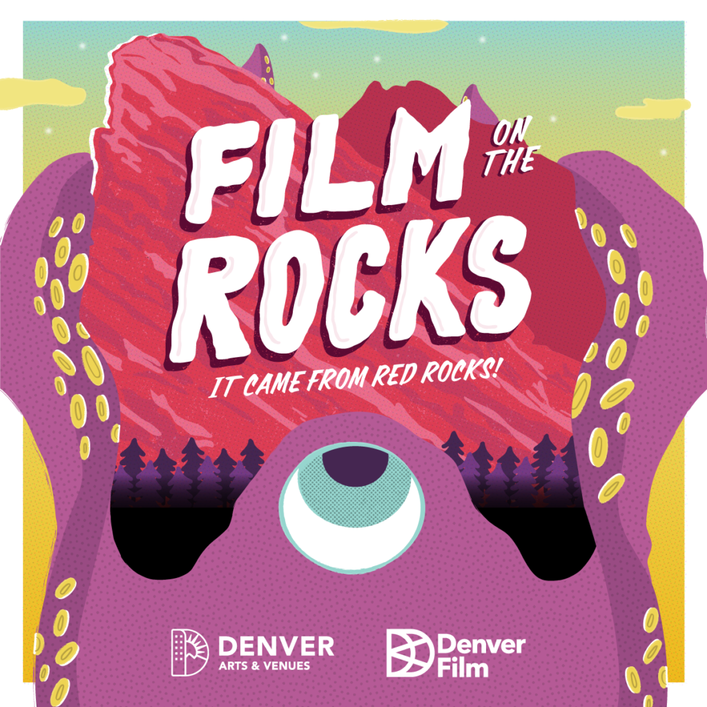 2022 graphic for Film on the Rocks. Purple lagoon monster embraces a graphic of red rocks from the bottom.