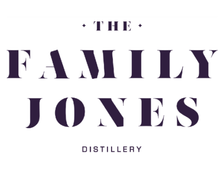 blue and white font with the words The Family Jones Distillery