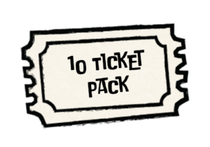 black and white drawing of a ticket that says 10 Ticket Pack