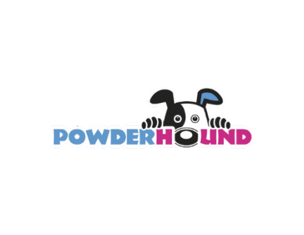 Powderhound logo with a cartoon dog peeking over text.