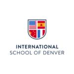 International School of Denver logo with a shield featuring flags of the USA, Spain, China, and France