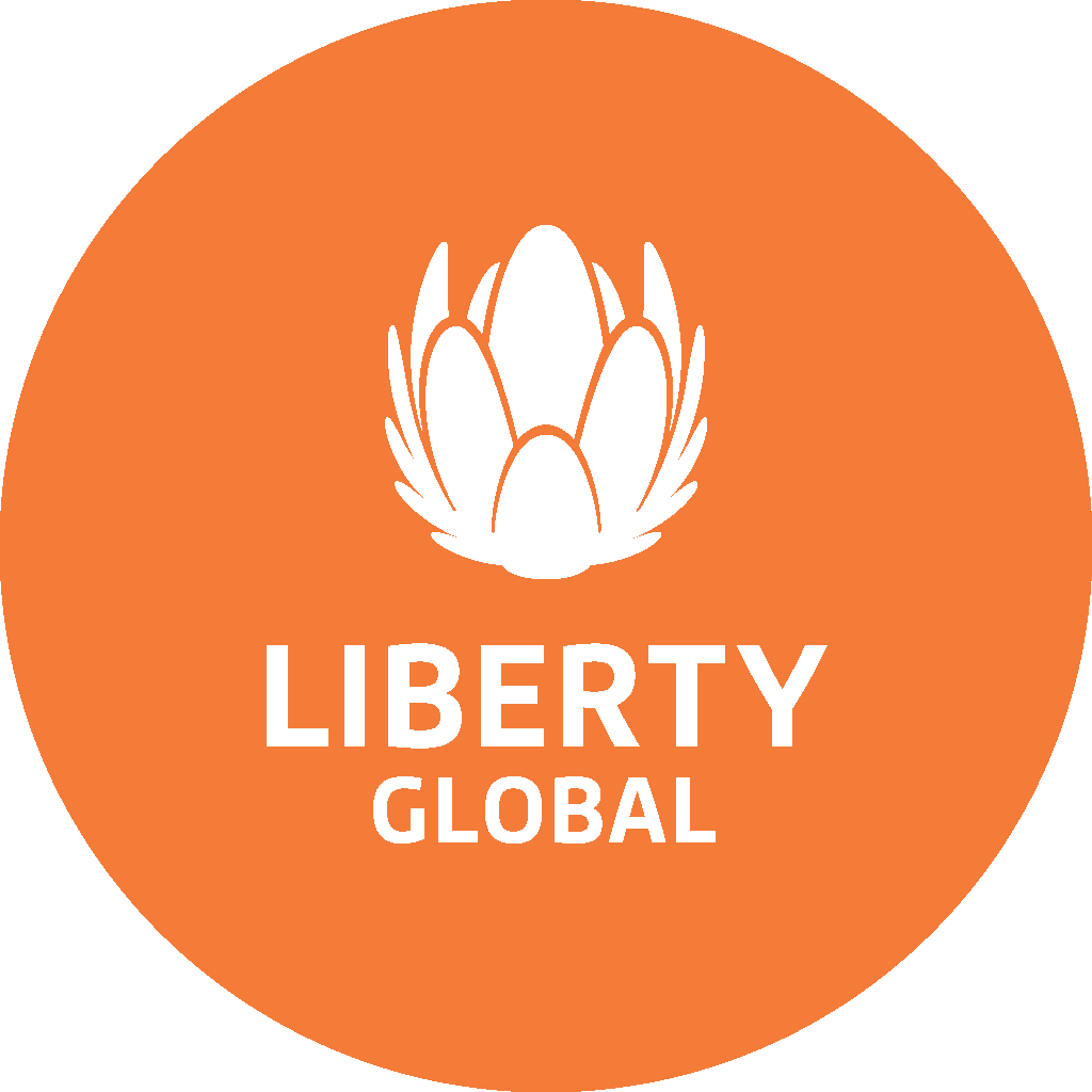 Liberty Global logo, white flower emblem on orange circle