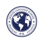Denver Language School logo, featuring a blue globe with language text: Français, Español, 中文