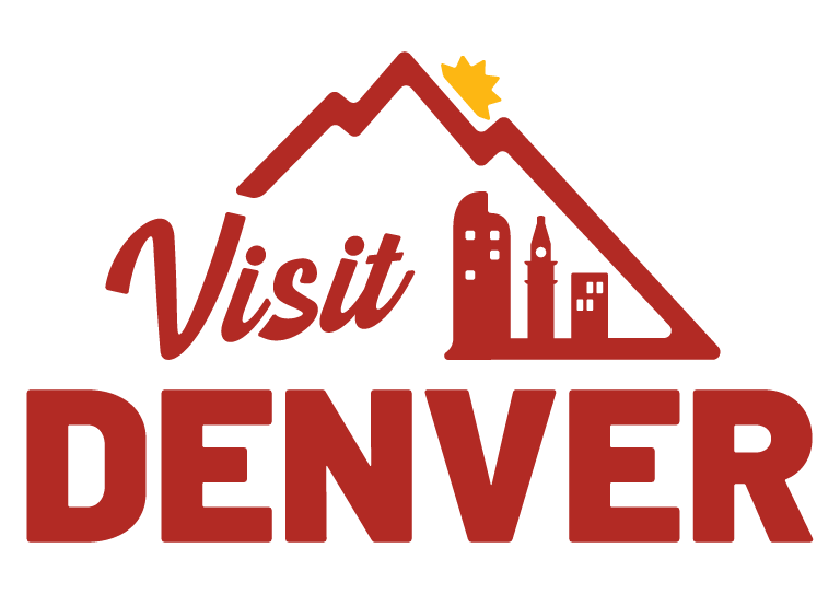 Visit Denver logo with mountain, cityscape, and sun