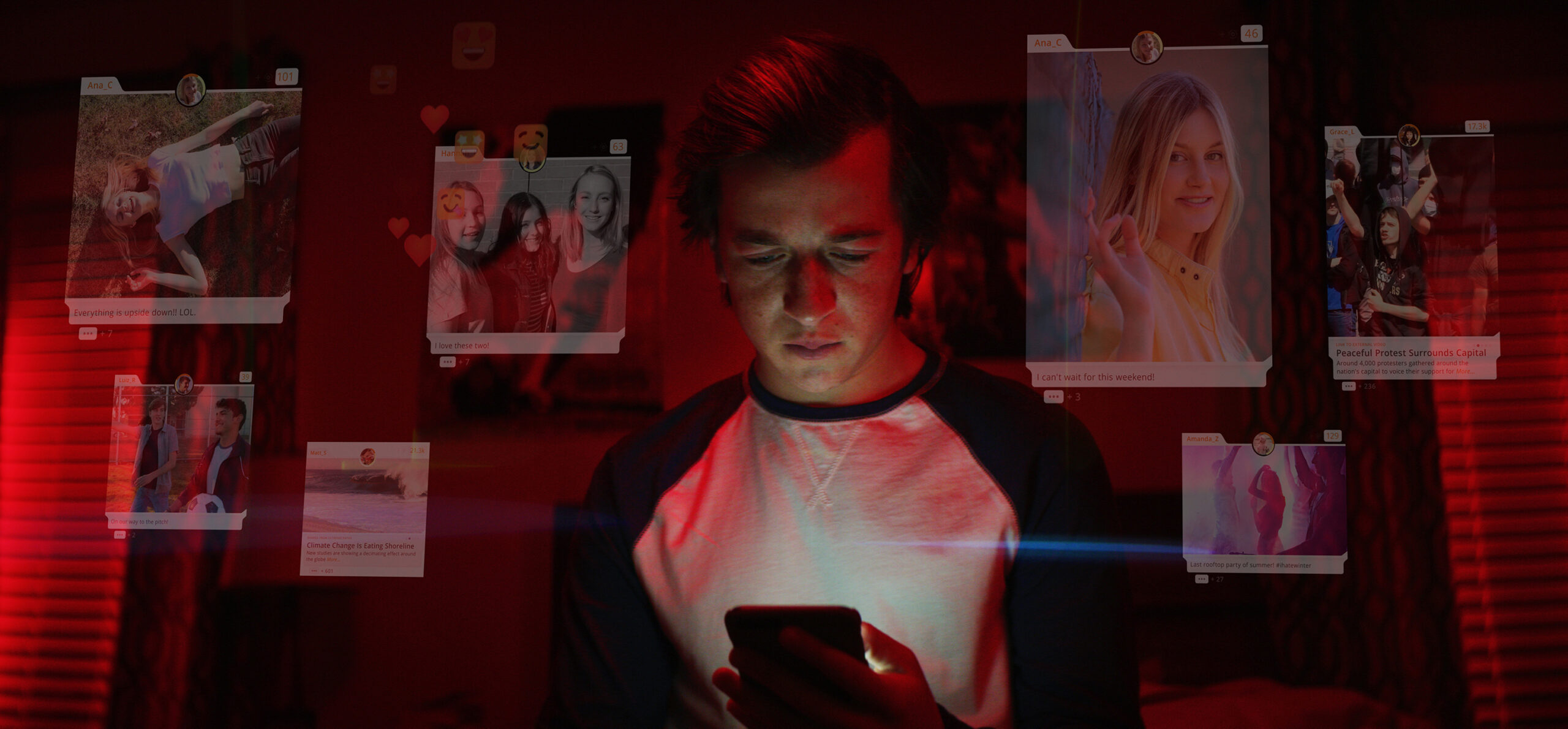 Teenager focused on phone, surrounded by social media notifications