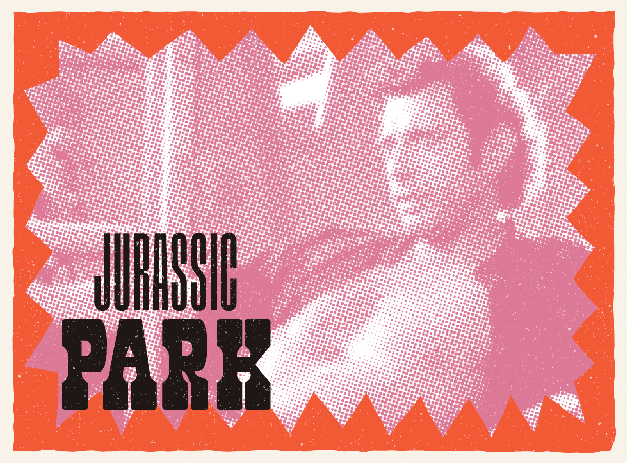 Jurassic Park themed pop art with a male figure in pink halftone