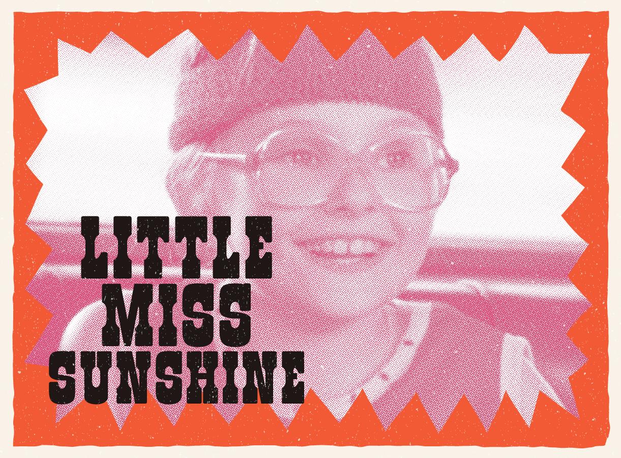 Little Miss Sunshine promotional image; smiling child with large glasses, colorful border