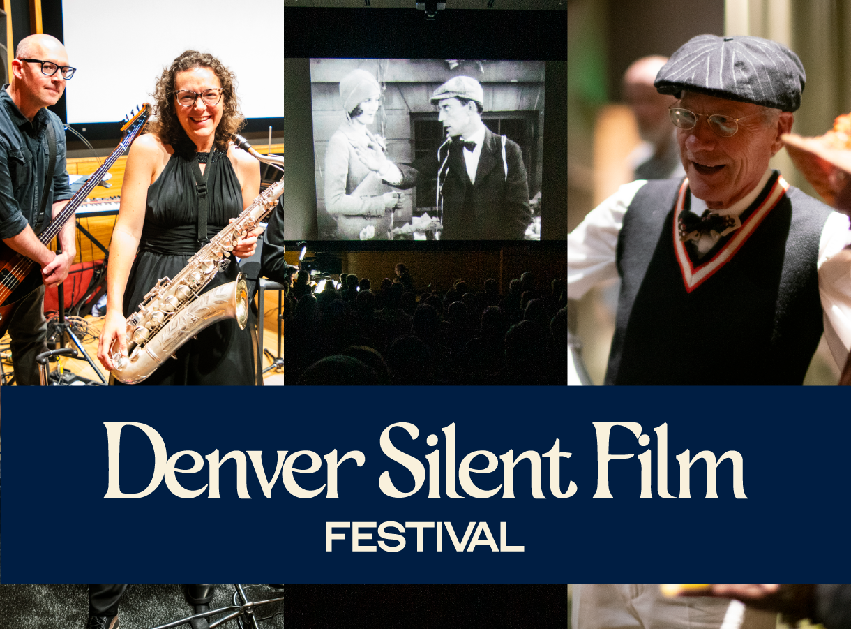 Denver Silent Film Festival collage with musicians, film screening, and smiling man in vintage attire