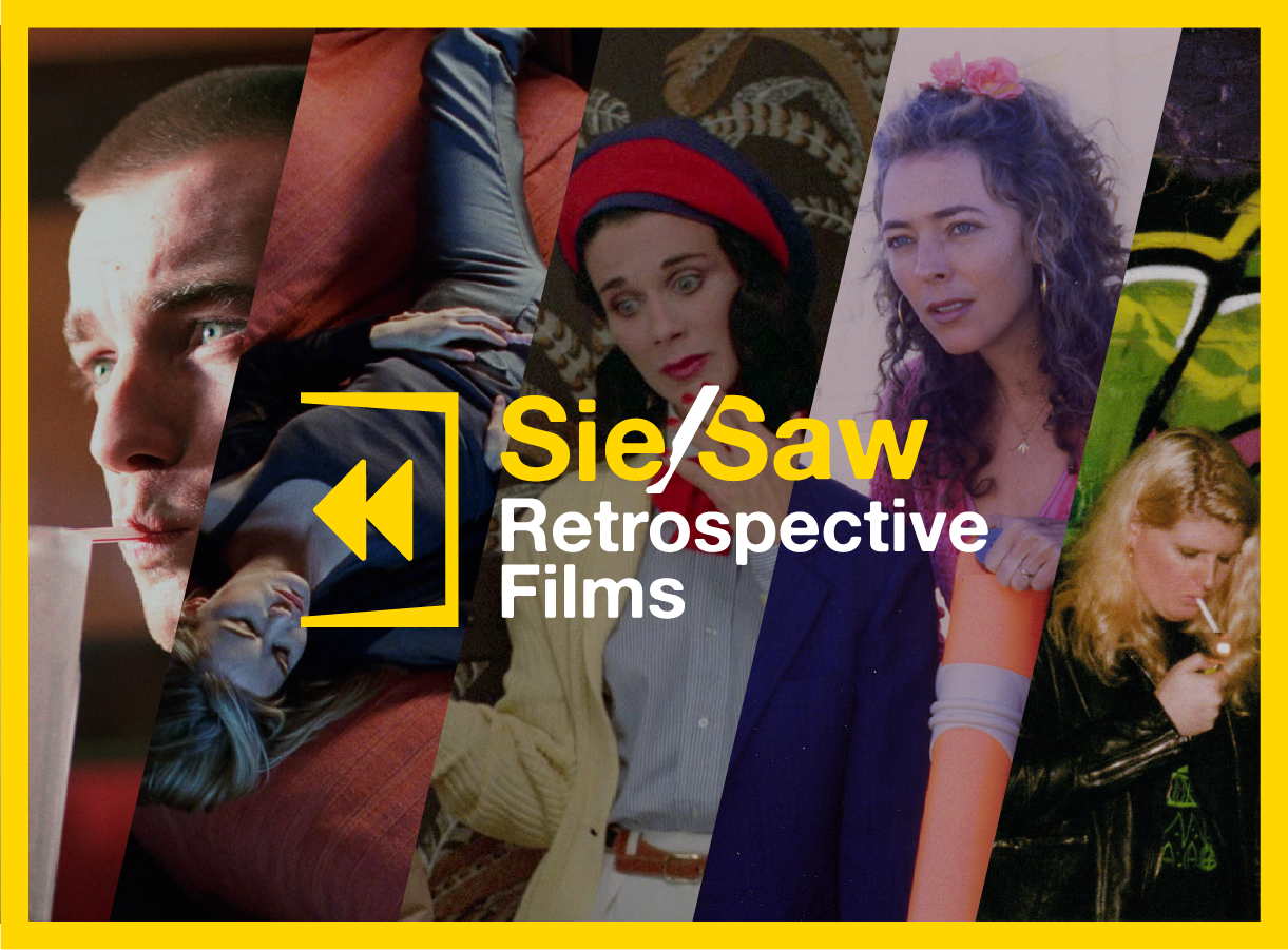 Collage of retro film stills with text "Sie/Saw Retrospective Films" and rewind icon. Five distinct characters depicted