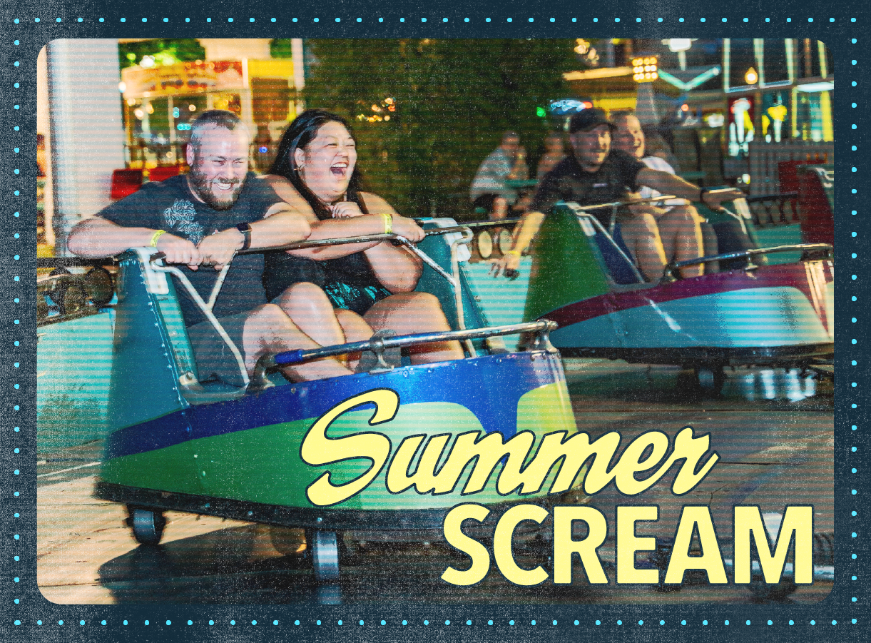 People laughing on a spinning amusement ride at night; text reads "Summer Scream"