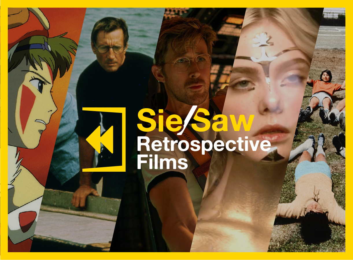 Collage of various film characters with text "Sie/Saw Retrospective Films" in bold yellow and white letters