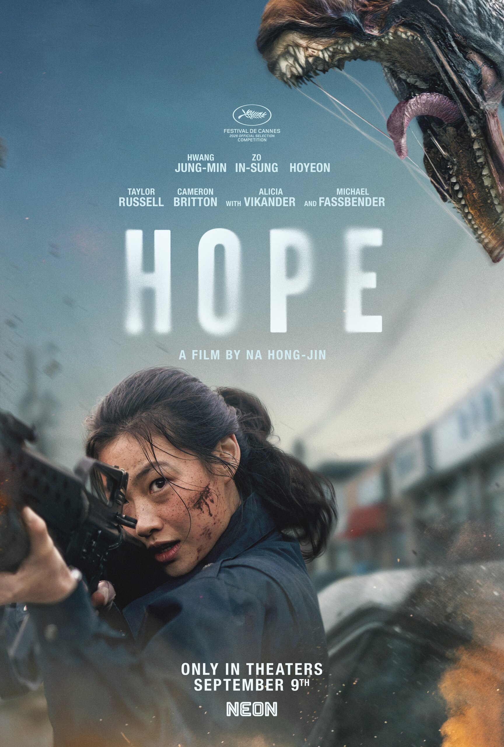 Woman aiming gun, intense expression, creature above; text: "Hope," release September 9th by Na Hong-Jin, Neon logo