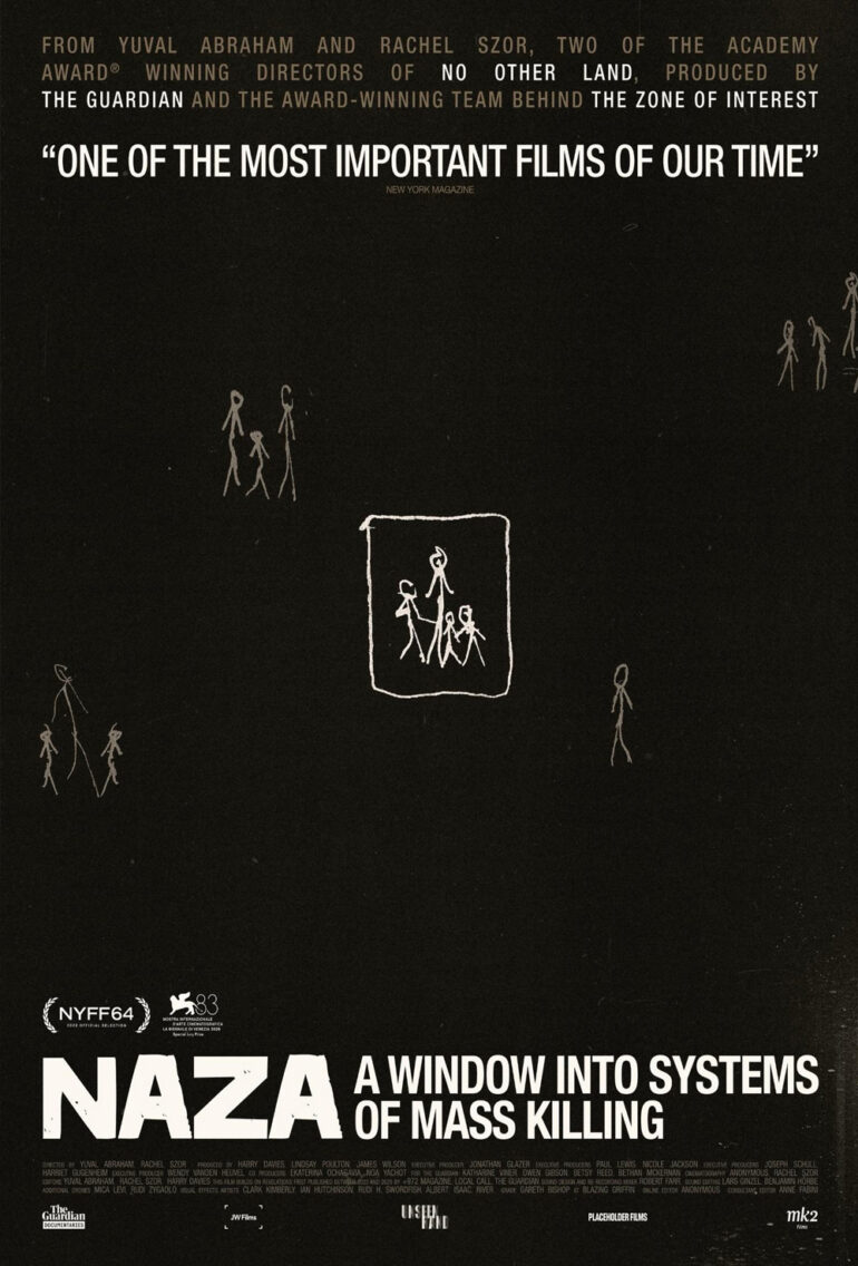 [gpt-4o]: Chalk drawings on black background, text: “From Yuval Abraham and Rachel Szor, two of the Academy Award® winning directors of No Other Land, produced by The Guardian and the award-winning team behind The Zone of Interest. ‘One of the most important films of our time’ - New York Magazine. Naza: A Window Into Systems of Mass Killing.”