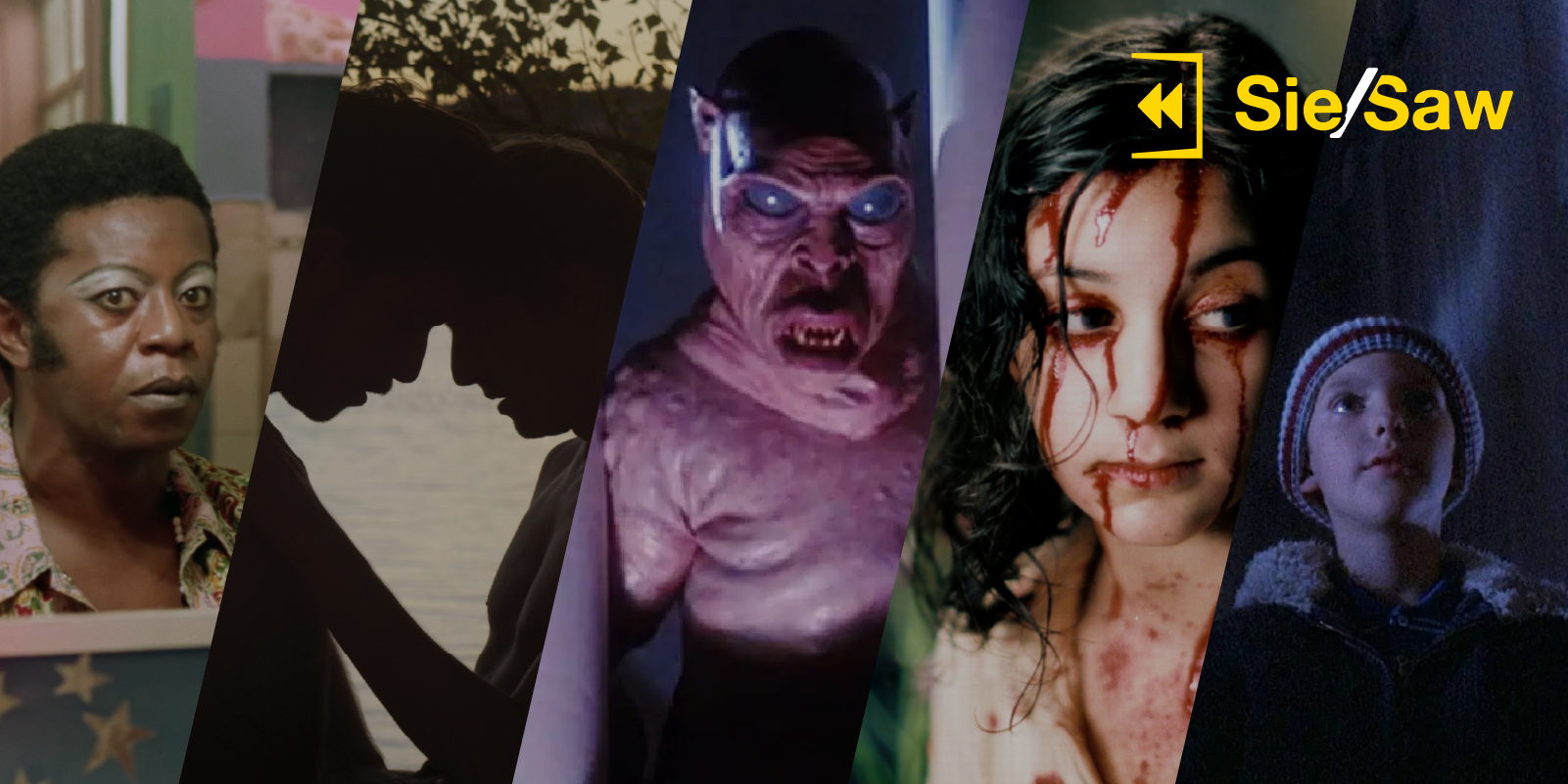 [gpt-4o]: Five distinct film stills divided by angled lines; yellow "Sie/Saw" logo in the top right corner