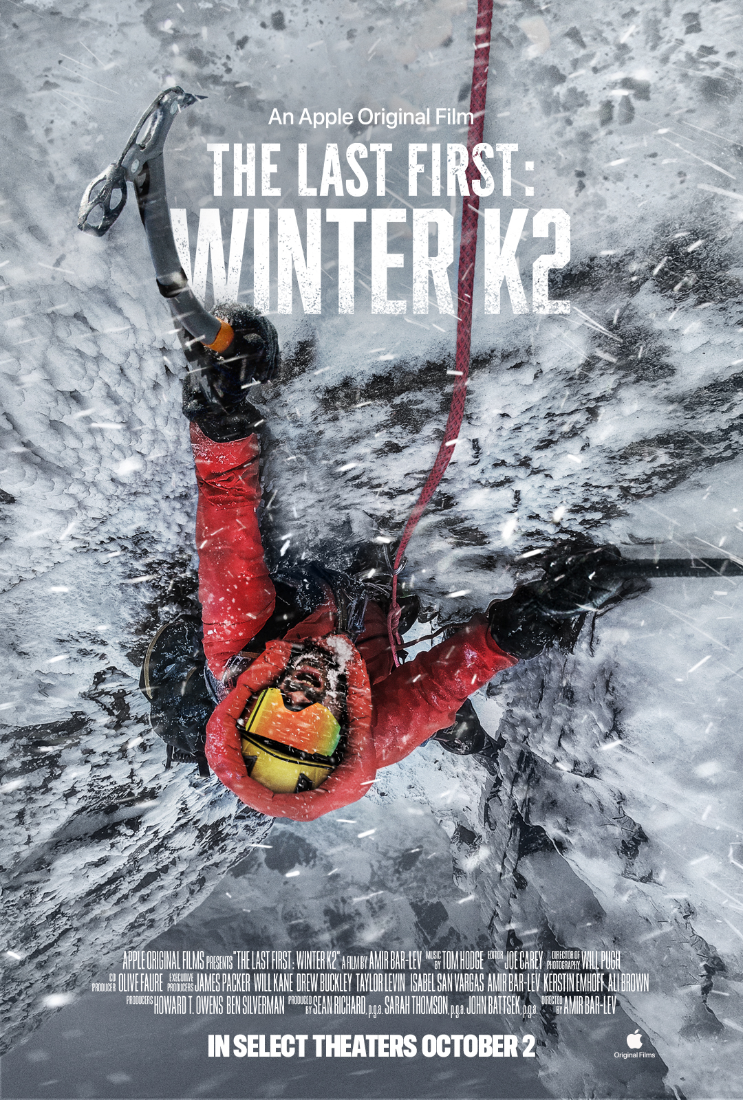 [gpt-4o]: Climber in red suit ascends snowy cliff, text reads "The Last First: Winter K2" in theaters October 2